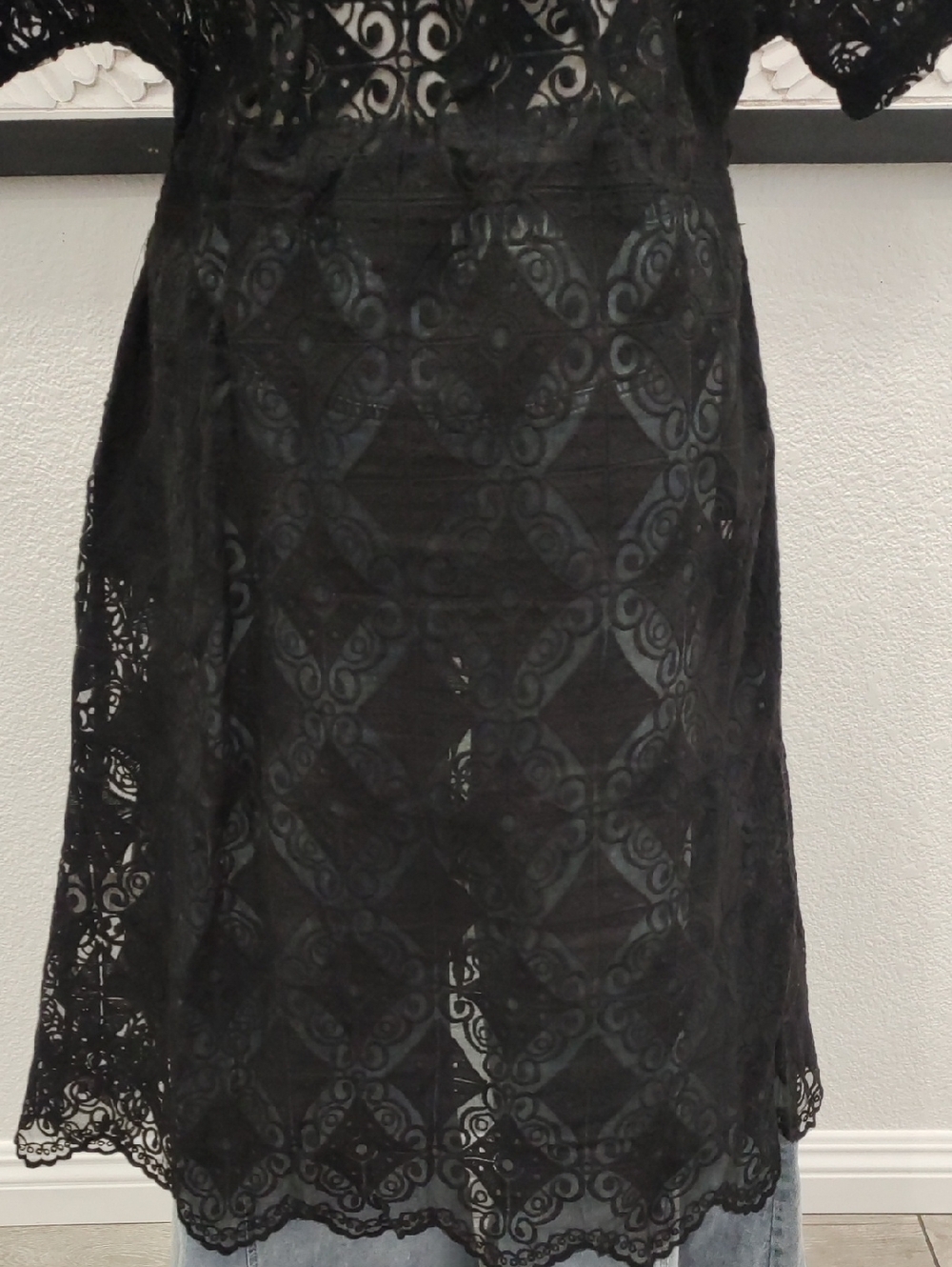 Boho Black Lace Cinch Waist Zip-Front Duster - Picture 8 of 9
